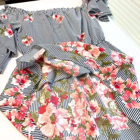 Women's Striped Floral Pattern Mini Dress Off Shoulder Size Large - Picture 15 of 15